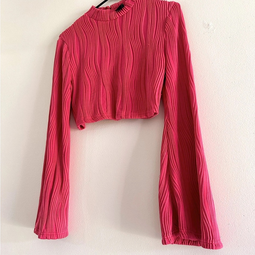 Pink Ribbed Long Sleeve Crop Top